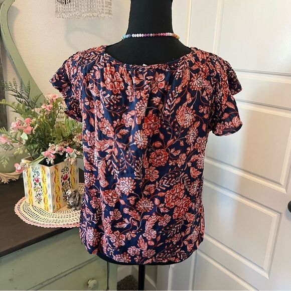 Old Navy Blue Coral Paisley Floral Flutter Ruffle Sleeve Boho Blouse Sz XS - Picture 5 of 10